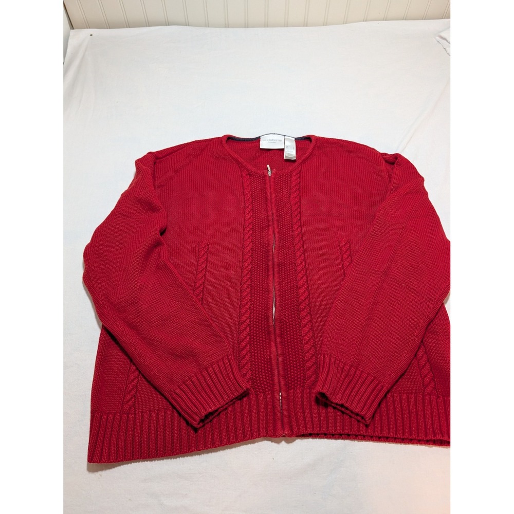 Liz Claiborne Lizsport Red Cable Knit Zip Front Cardigan Sweater Large LSMU4432